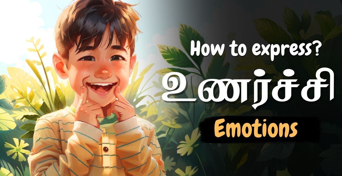 Lesson thumbnail for learning Tamil emotions with a boy showing smiling expression and happy feelings