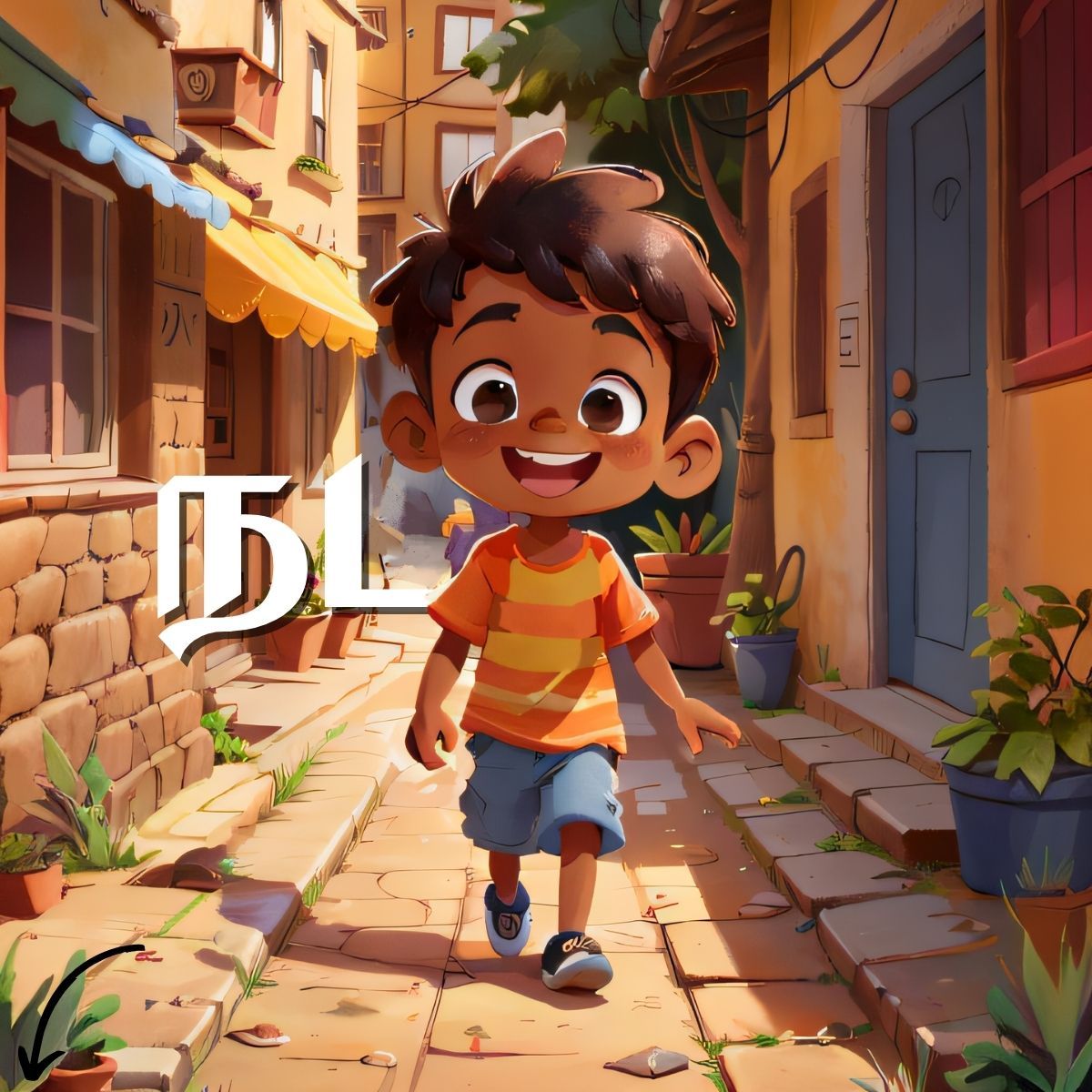 Tamil boy happily walking down a street, showing the verb நடை (walk) for kids learning Tamil verbs