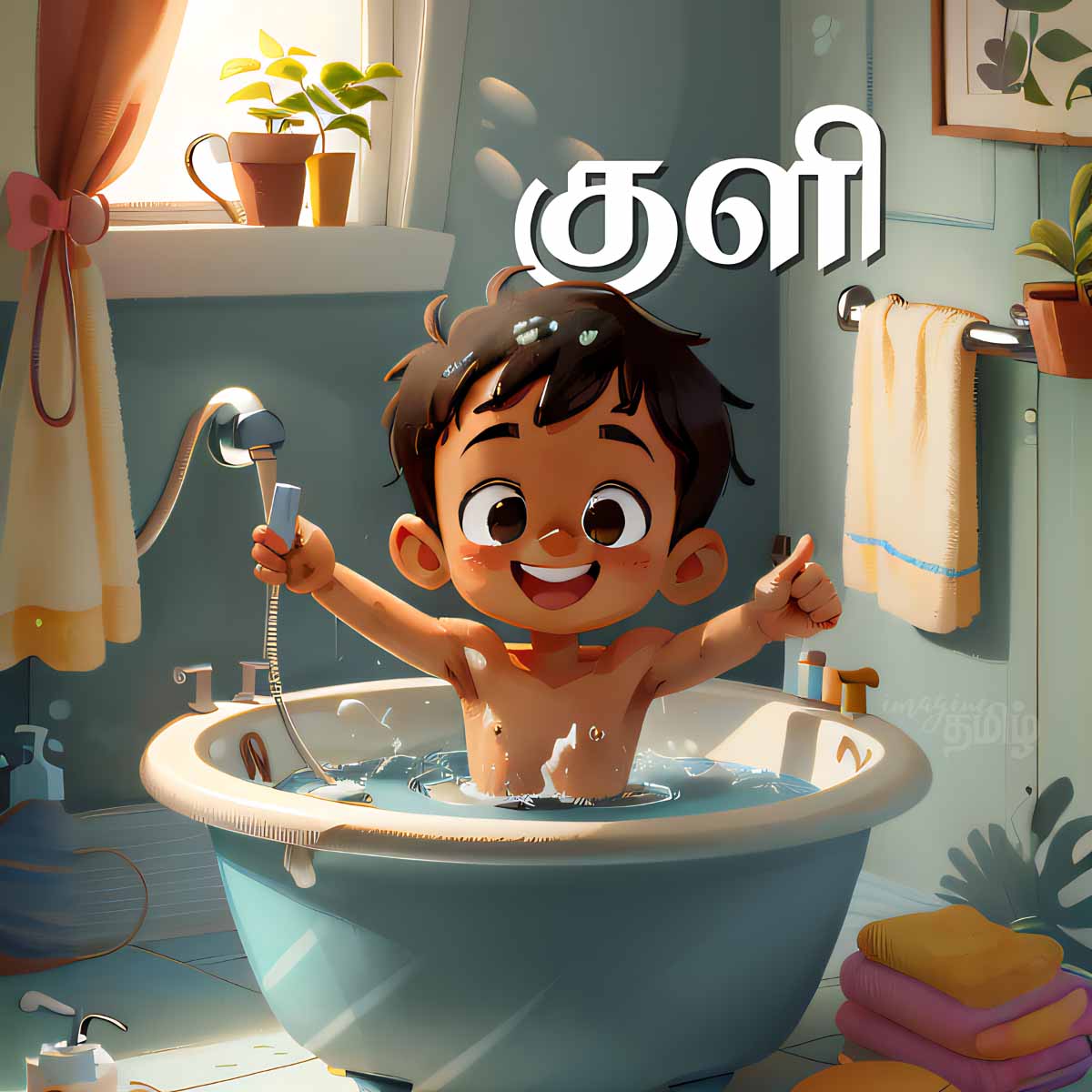 Happy Tamil boy taking a bath in tub, showing the verb குளி (bath) for kids learning Tamil verbs