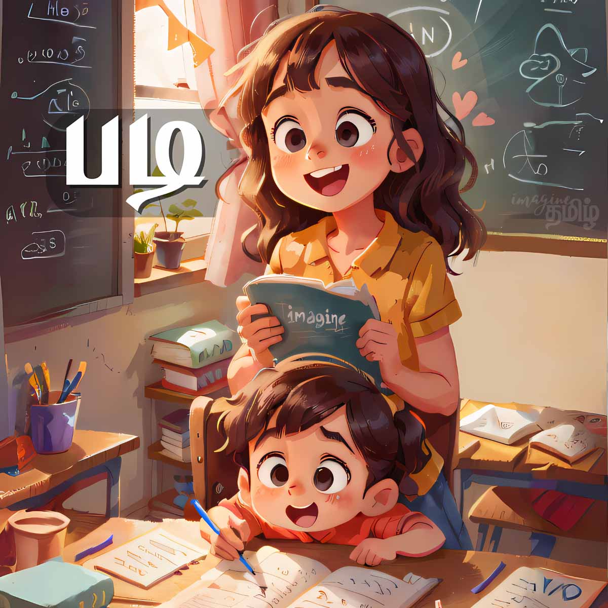 Tamil girl teaching young student in classroom, showing the verb படி (learn) for kids learning Tamil verbs