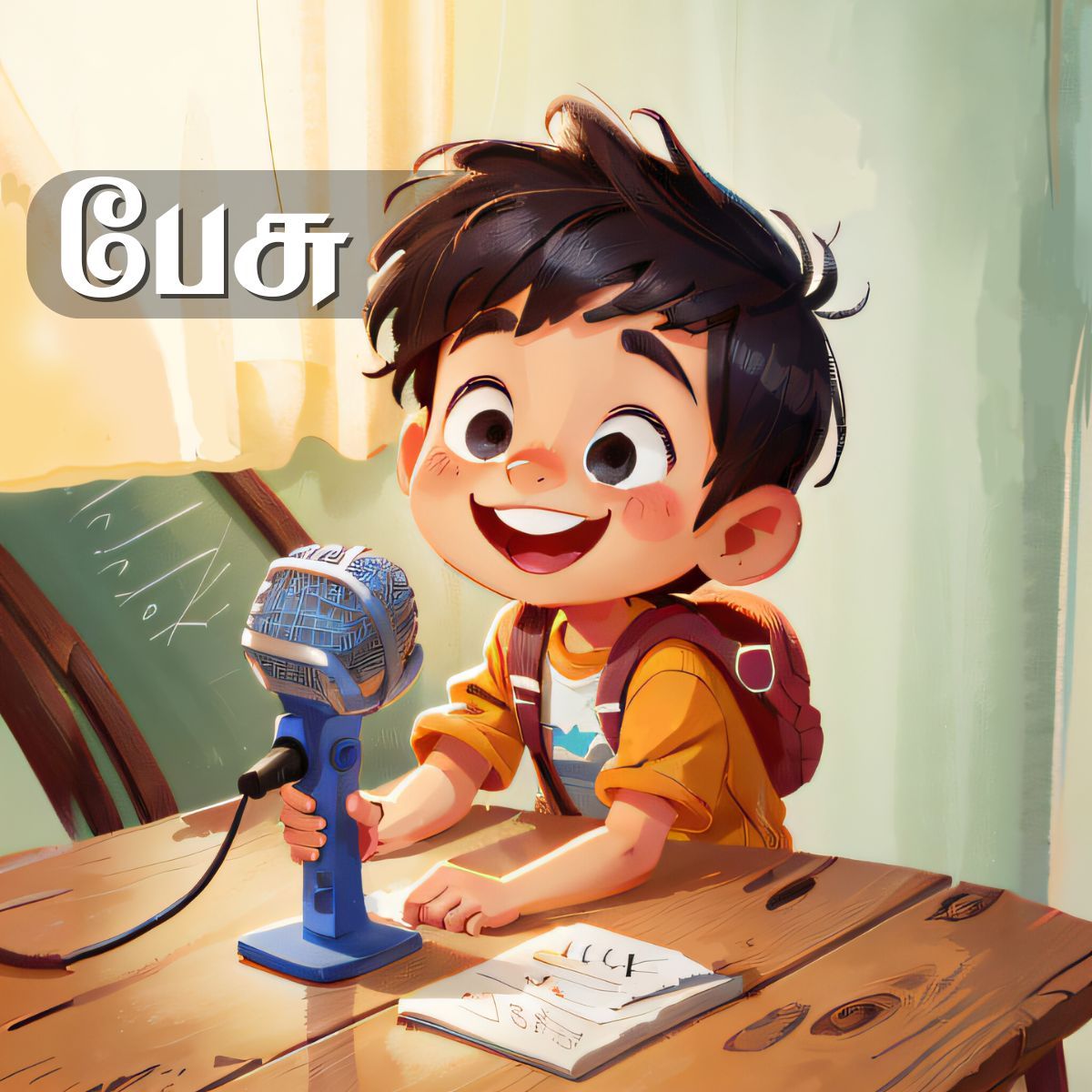 Smiling Tamil boy speaking into microphone, showing the verb பேசு (speak) for kids learning Tamil verbs