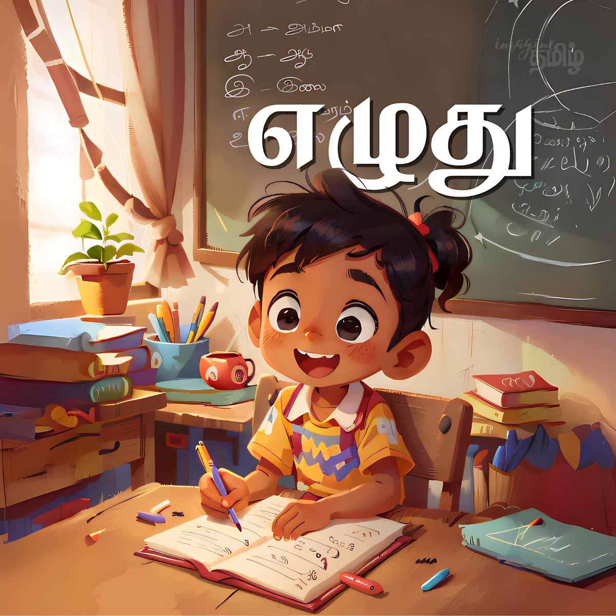 Tamil girl writing in notebook at school desk, showing the verb எழுது (write) for kids learning Tamil verbs