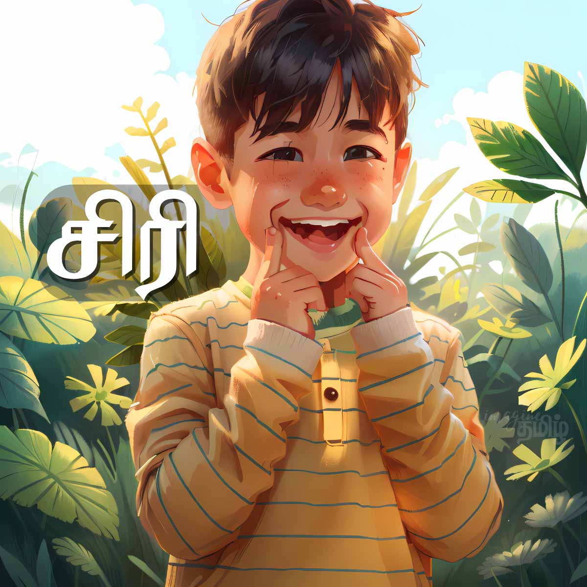 Tamil boy smiling brightly in garden, showing the verb சிரி (smile) for kids learning Tamil verbs