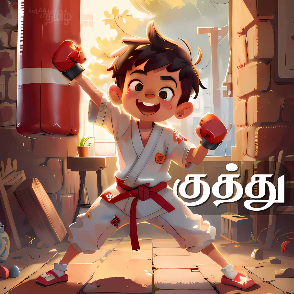 Energetic Tamil boy in karate outfit punching, showing the verb குத்து (punch) for kids learning Tamil verbs