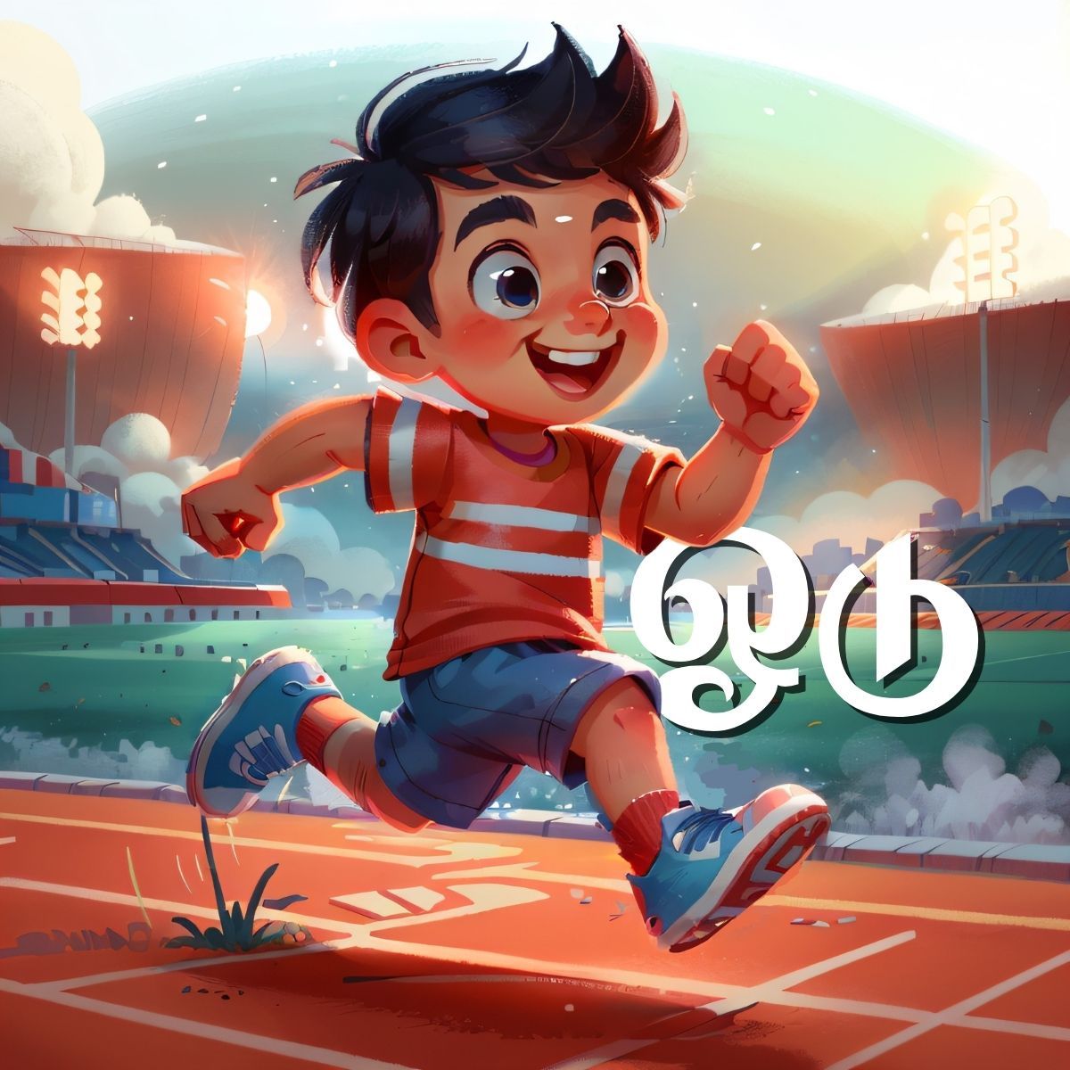 Tamil boy running on track with joy, illustrating the Tamil verb ஓடு (run) for kids learning Tamil verbs