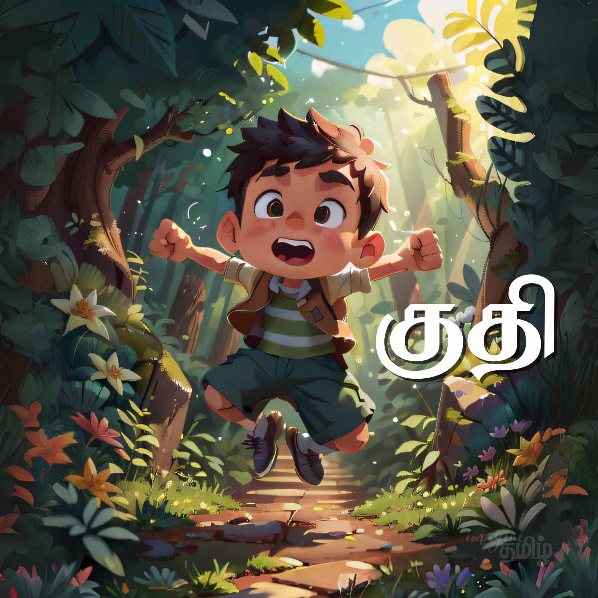 Excited Tamil boy jumping on forest path, teaching the verb குதி (jump) for kids learning Tamil verbs