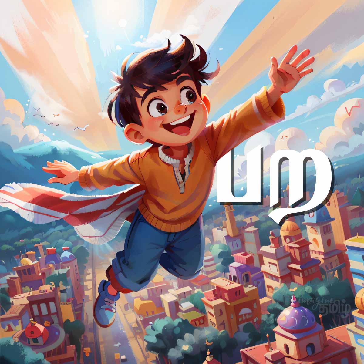 Joyful Tamil boy flying over colorful town, illustrating the verb பற (fly) for kids learning Tamil verbs