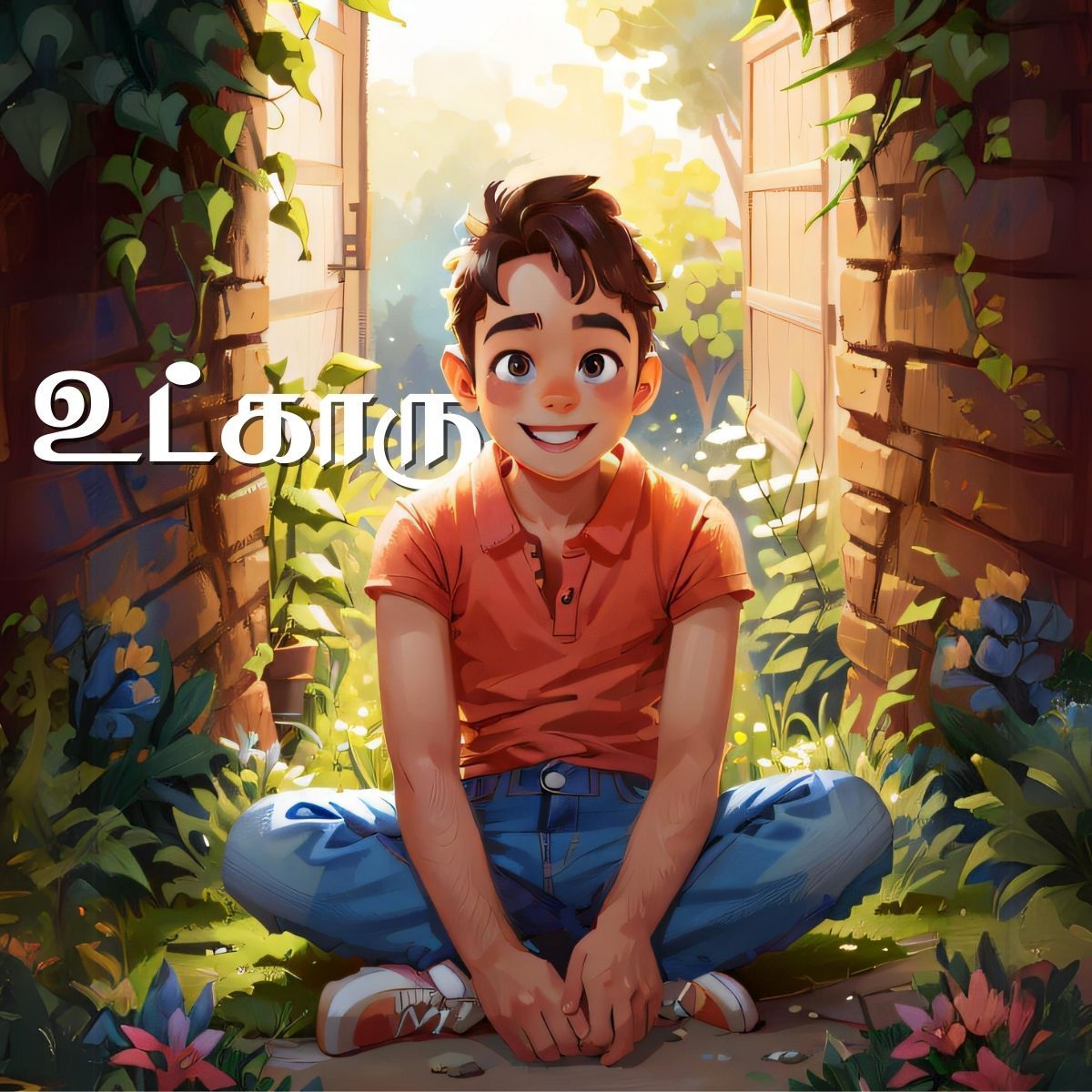Smiling Tamil boy sitting cross-legged in garden, teaching the verb உட்காரு (sit) for kids learning Tamil verbs