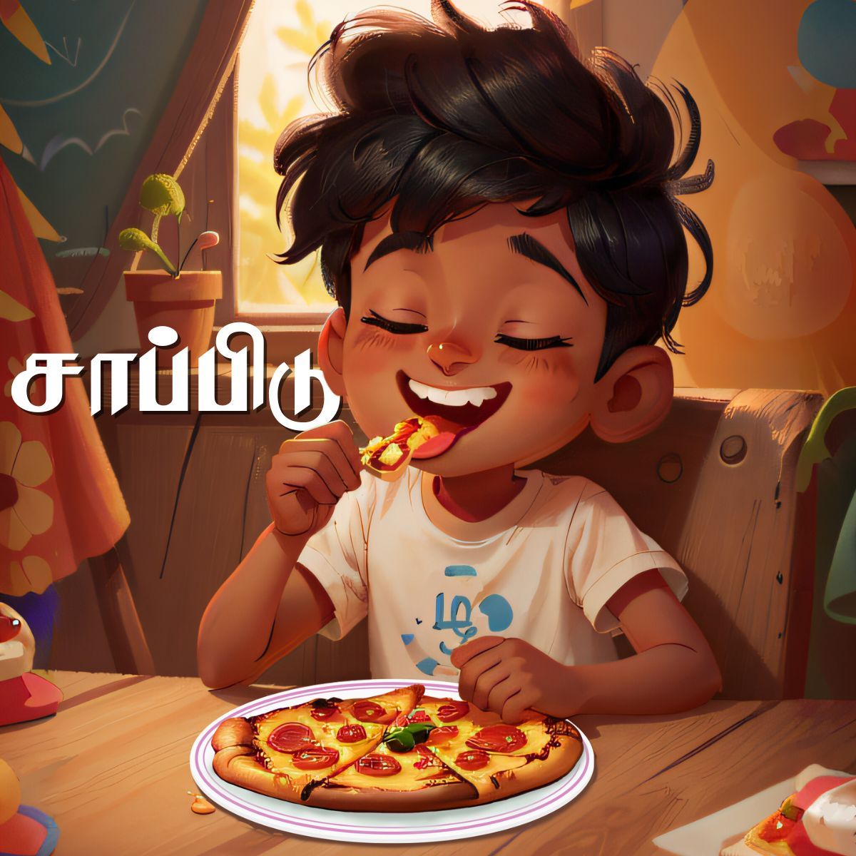 Happy Tamil boy enjoying pizza, illustrating the verb சாப்பிடு (eat) for kids learning Tamil verbs
