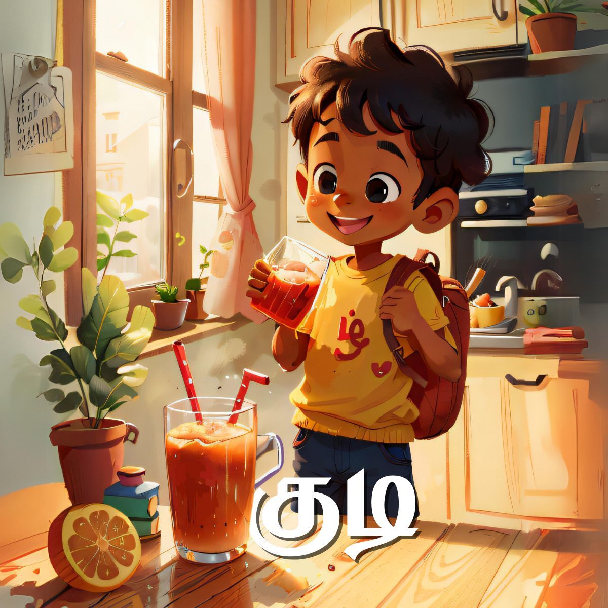 Smiling Tamil boy drinking juice, teaching the verb குடி (drink) for kids learning Tamil verbs