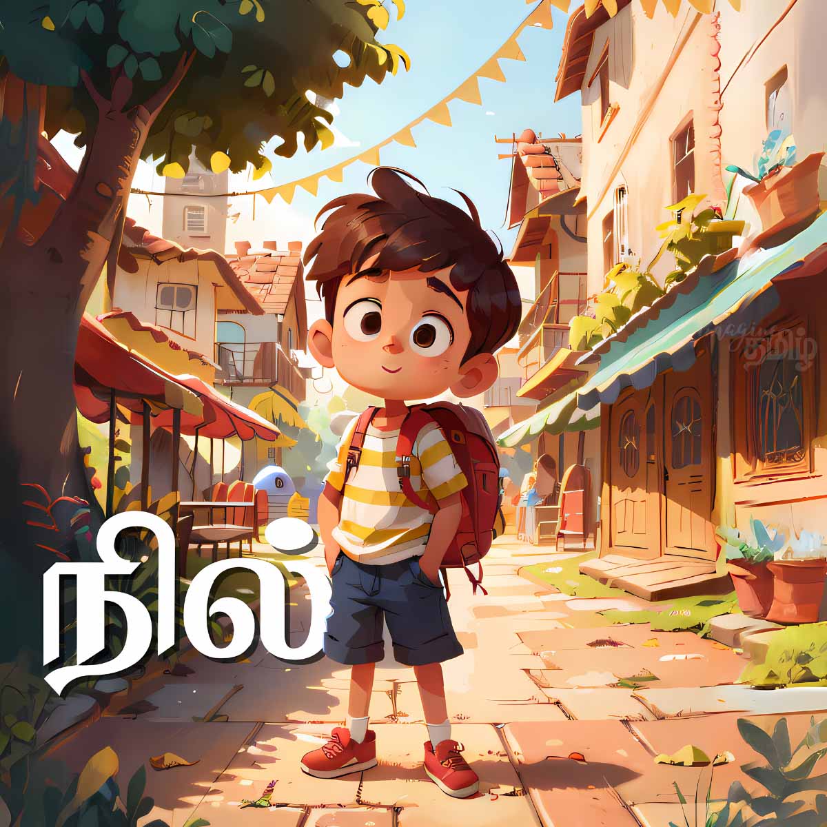 Tamil boy standing confidently on street with backpack, showing the verb நில் (stand) for kids learning Tamil verbs