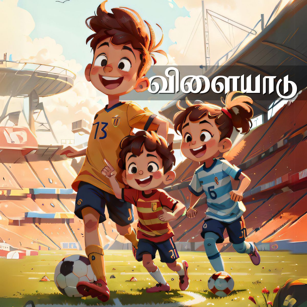 Tamil kids playing soccer joyfully in stadium, showing the verb விளையாடு (play) for kids learning Tamil verbs