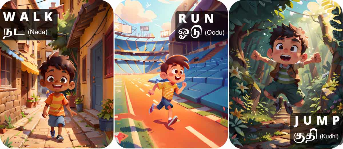 Tamil verb flashcards for kids showing walk (நட), run (ஓடு), and jump (குதி) with illustrated actions