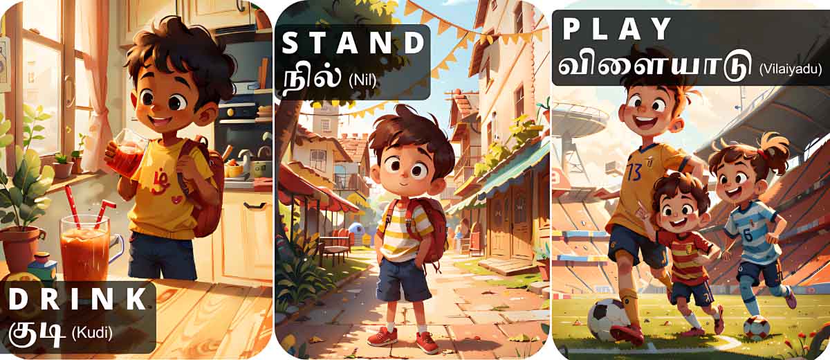 Tamil verb flashcards for kids showing drink (குடி), stand (நில்), and play (விளையாடு) with illustrations for kids