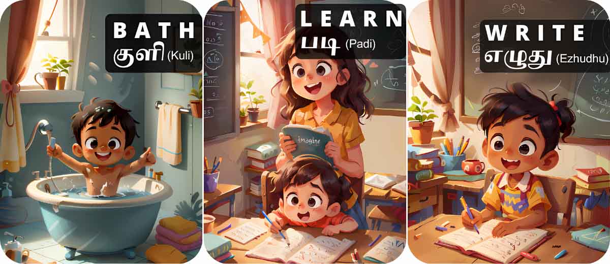 Tamil verb flashcards showing bath (குளி), learn (படி), and write (எழுது) with illustrations for kids learning Tamil