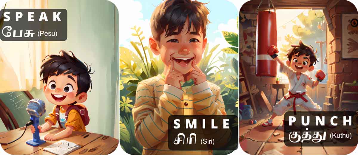 Tamil verb flashcards showing speak (பேசு), smile (சிரி), and punch (குத்து) with illustrations for kids learning Tamil verbs