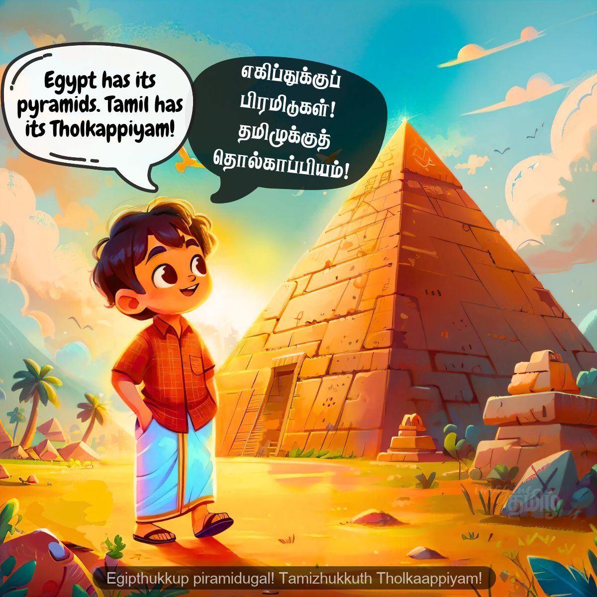 A boy beside a pyramid saying: Egypt has its pyramids, Tamil has its Tholkappiyam!