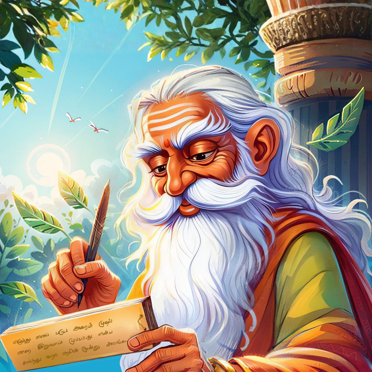 Tholkappiyar, a wise old man, writing on a palm leaf