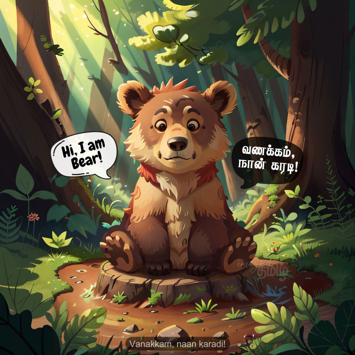 Cute bear introducing itself in Tamil as கரடி (karadi) for kids learning Tamil wild animal names