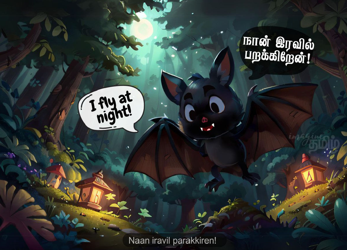 Cute bat flying at night in forest, teaching the Tamil word வௌவால் (vavvaal) for kids learning wild animal names