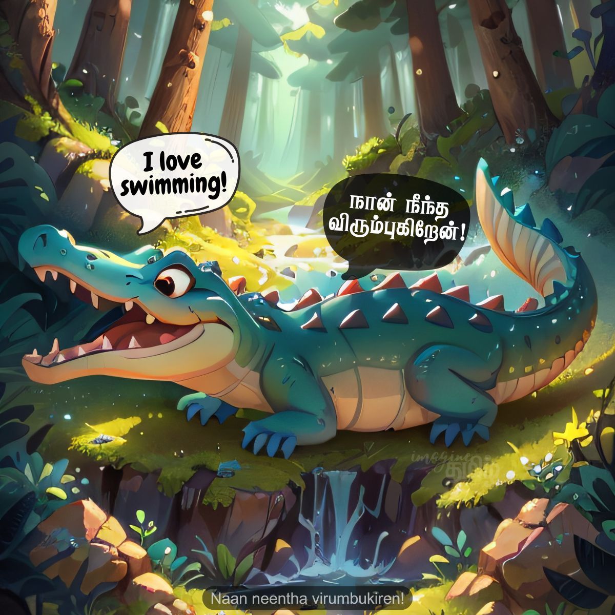 Smiling crocodile saying I love swimming, teaching the Tamil word முதலை (mudhalai) for kids learning wild animals