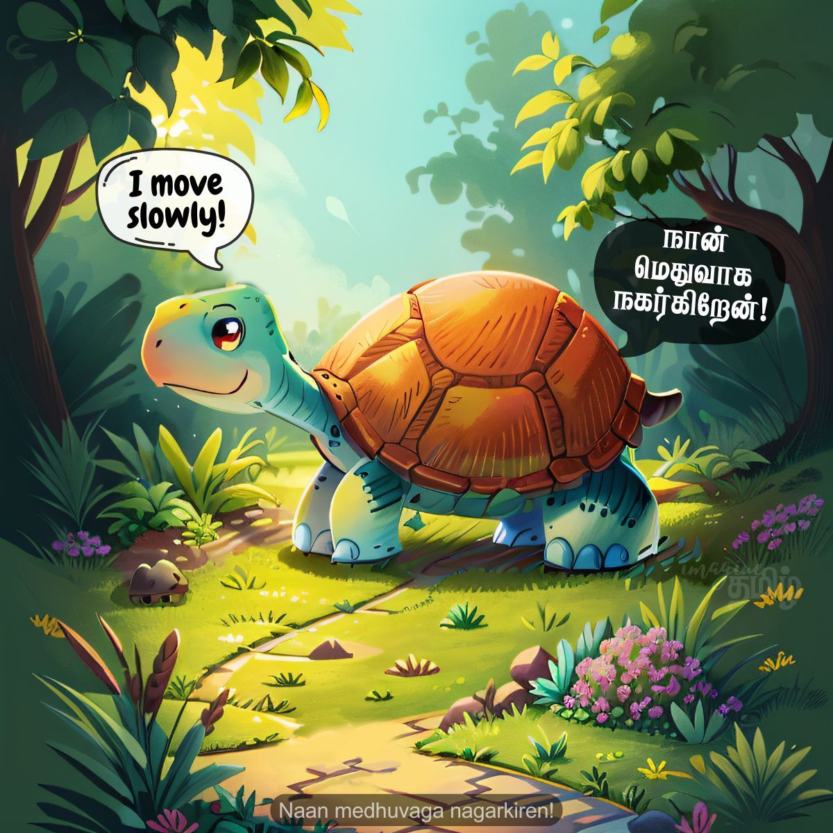 Happy tortoise saying I move slowly, teaching the Tamil word ஆமை (aamai) for kids learning wild animal names