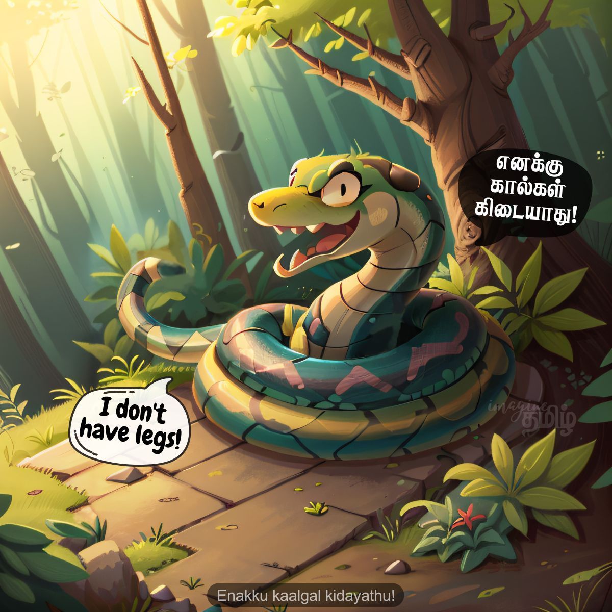 Cartoon snake saying I don't have legs, teaching the Tamil word பாம்பு (paambu) for kids learning animal names