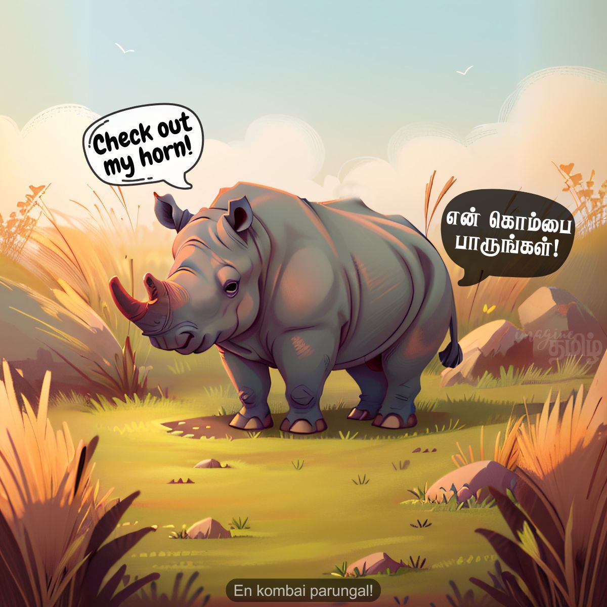 Rhino showing its horn, teaching the Tamil word காண்டாமிருகம் (Kaandamirugam) for kids learning animal names