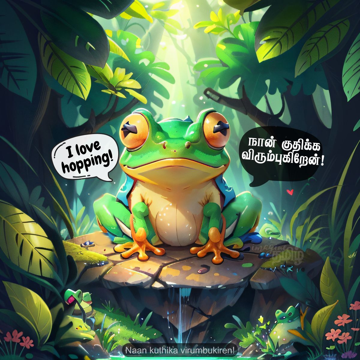 Colorful frog saying I love hopping, teaching the Tamil word தவளை (thavazhai) for kids learning wild animal names
