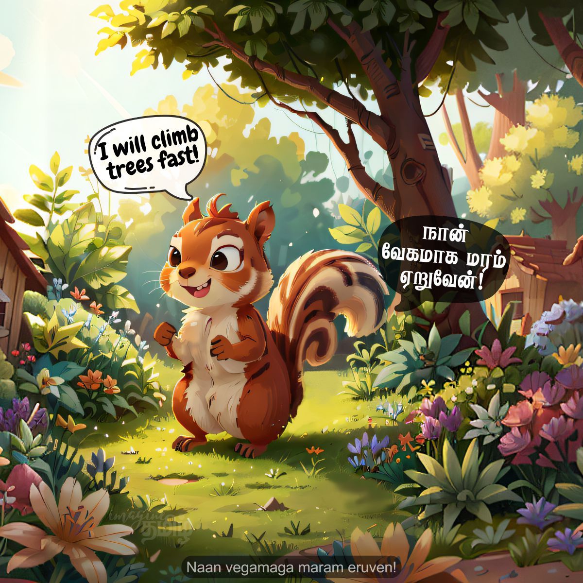 Cute squirrel saying I climb trees fast, teaching the Tamil word அணில் (anil) for kids learning wild animal names