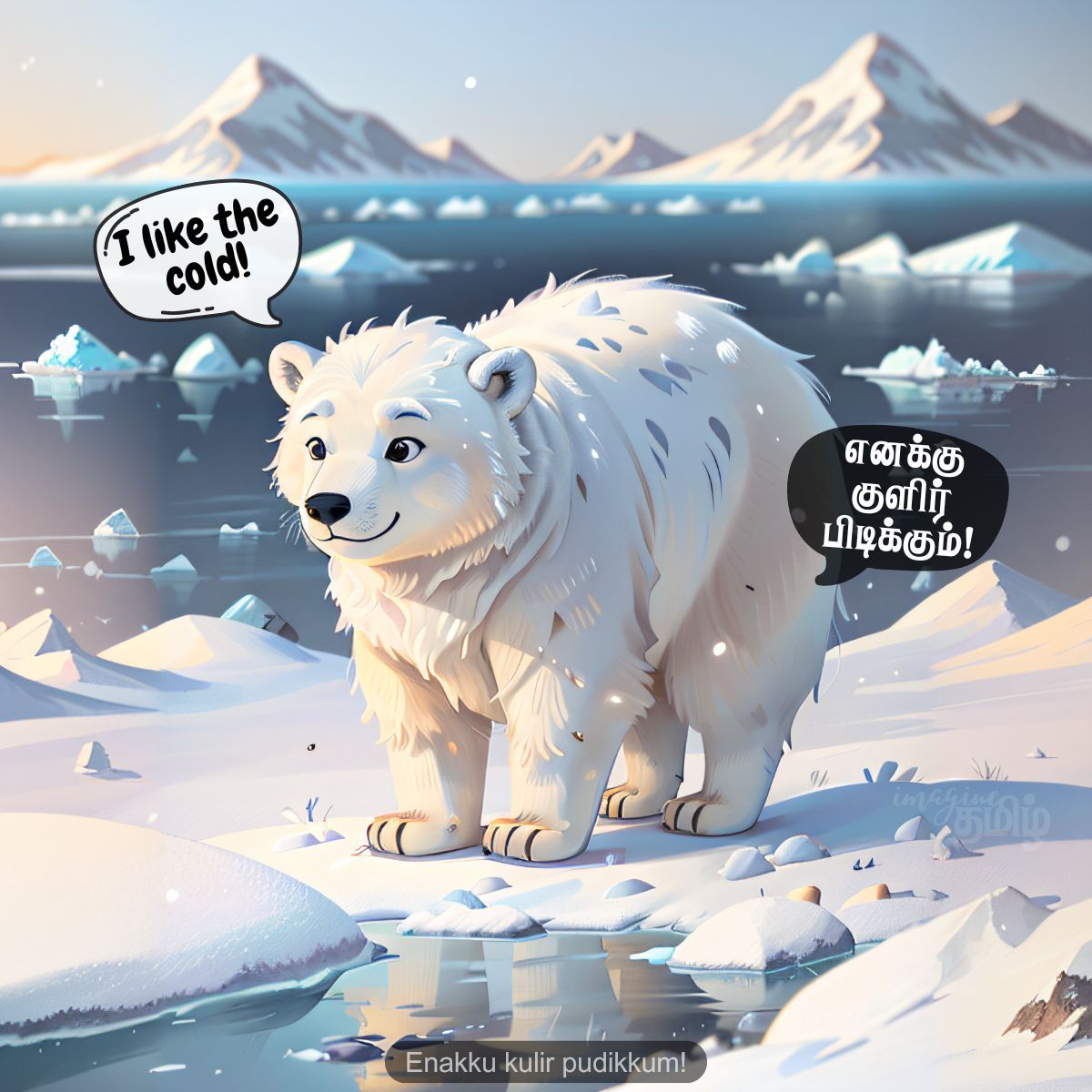 Smiling polar bear in snow saying I like the cold, teaching Tamil word பனிக்கரடி (panikkaradi) for kids