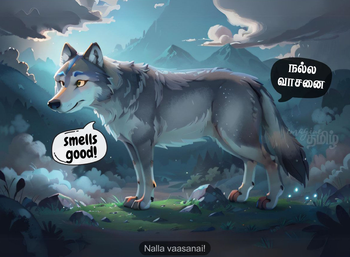 Grey wolf in mountain forest saying smells good, teaching the Tamil word ஓநாய் (Oonai) for kids learning wild animals