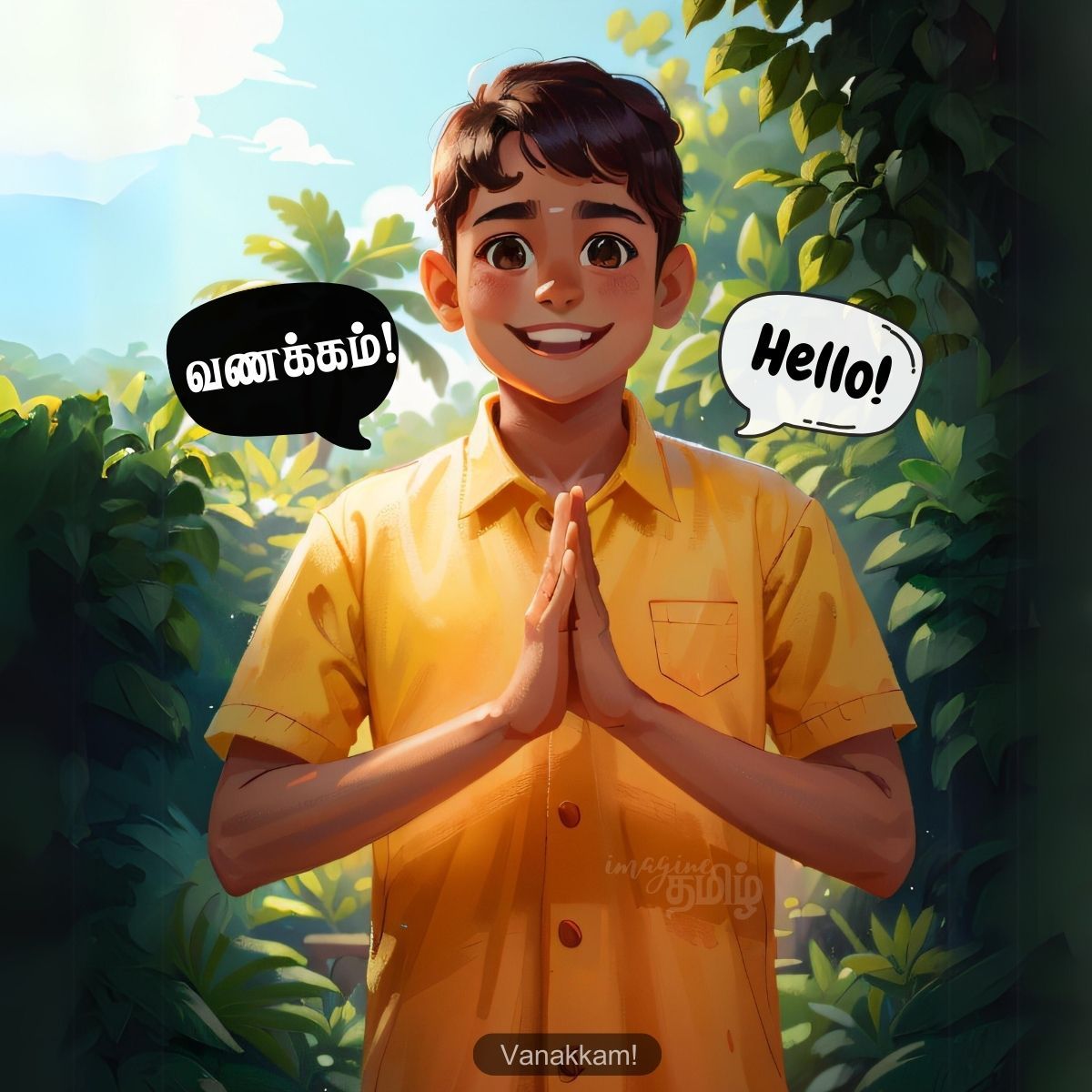 Smiling Tamil boy saying Vanakkam with hands joined, teaching hello in Tamil for kids