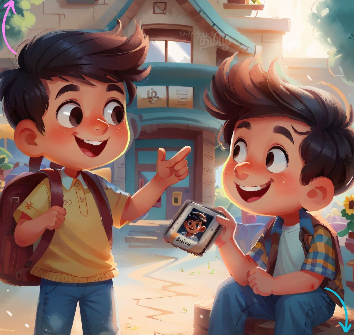 Two Tamil boys talking happily, one pointing and the other showing a photo with his name