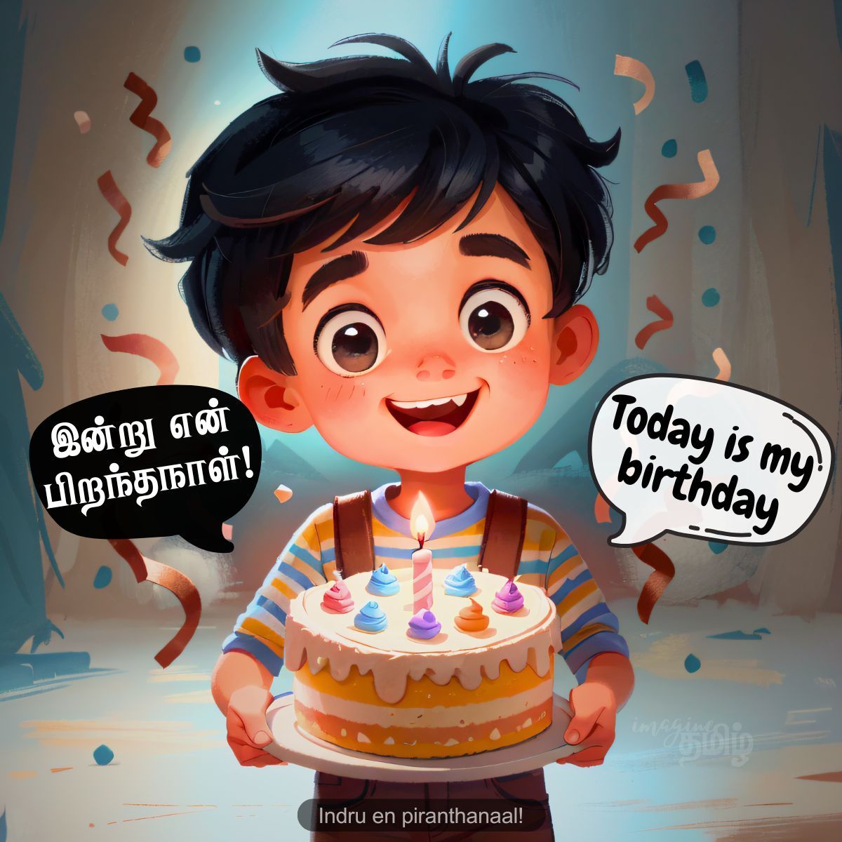 Happy Tamil boy holding a birthday cake with the text “இன்று என் பிறந்தநாள்!” (Today is my birthday in Tamil)