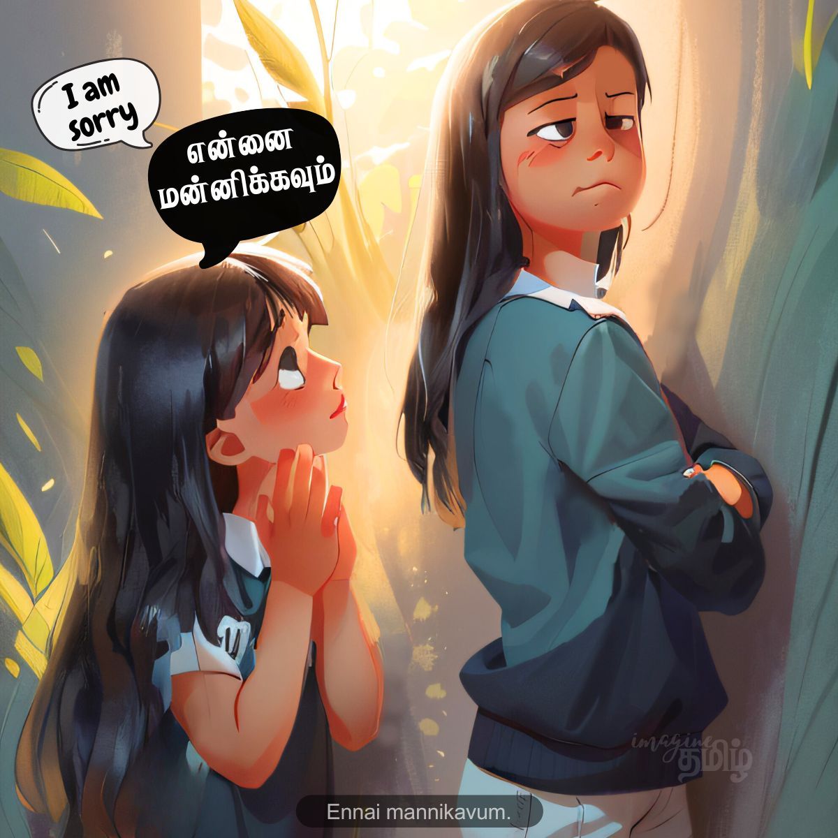 Apologetic Tamil girl saying “Ennai mannikavum” (I am sorry) to her upset friend