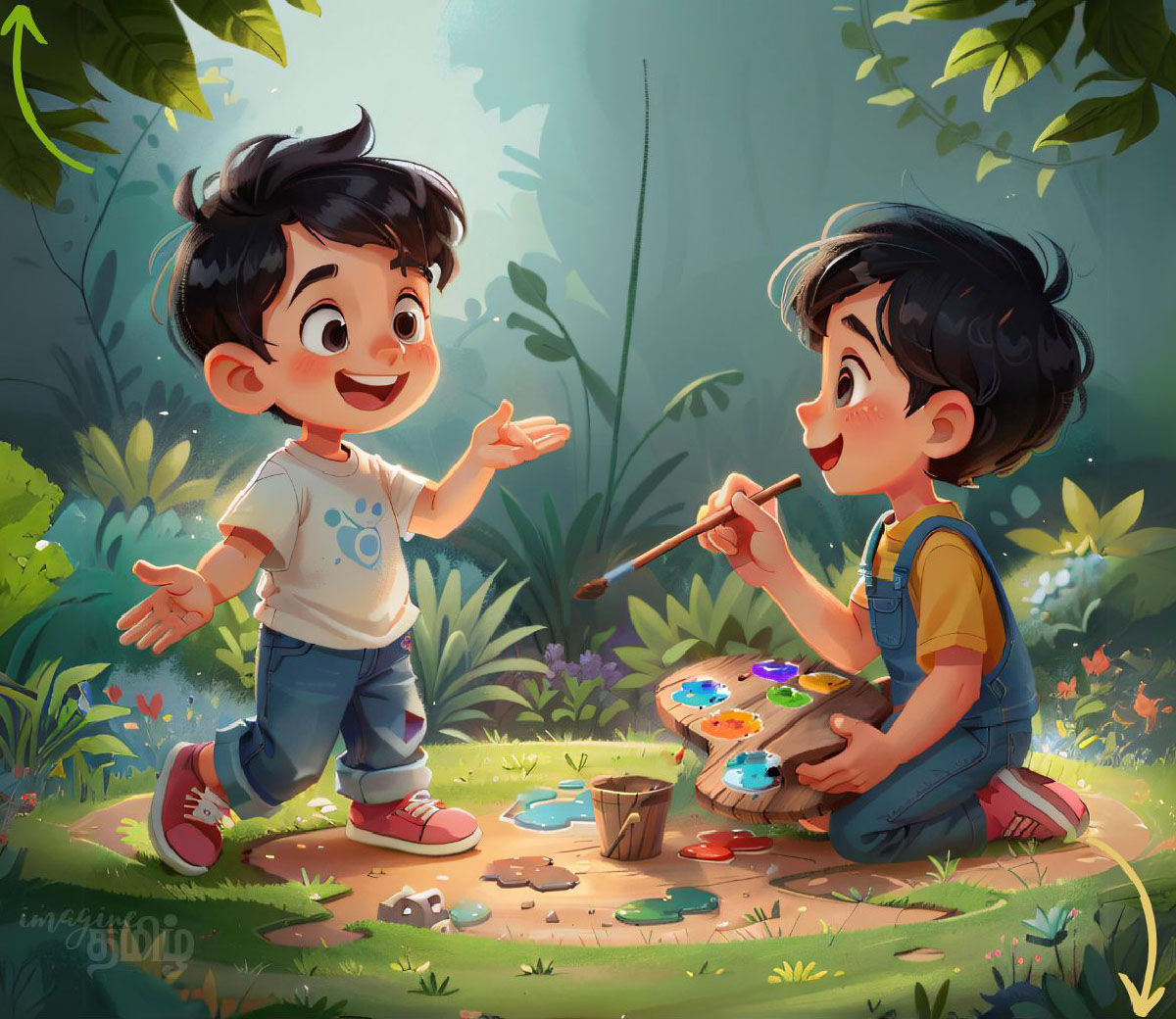 Curious Tamil boy asking What are you doing? in Tamil to a friend painting with bright colors.