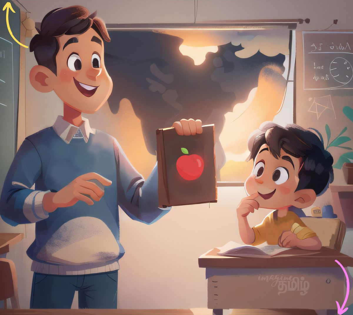 Tamil teacher showing a picture with an apple to a tamil kid asking “Idhu enna?” (What is this?)