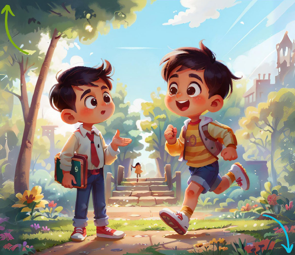 A cheerful Tamil boy running excitedly while another boy with books asks Where are you going?