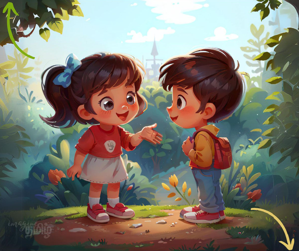 A Tamil girl smiling and reaching out to speak, asking “நான் உங்களிடம் பேசலாமா?” (Can I talk?) to a boy with a backpack.