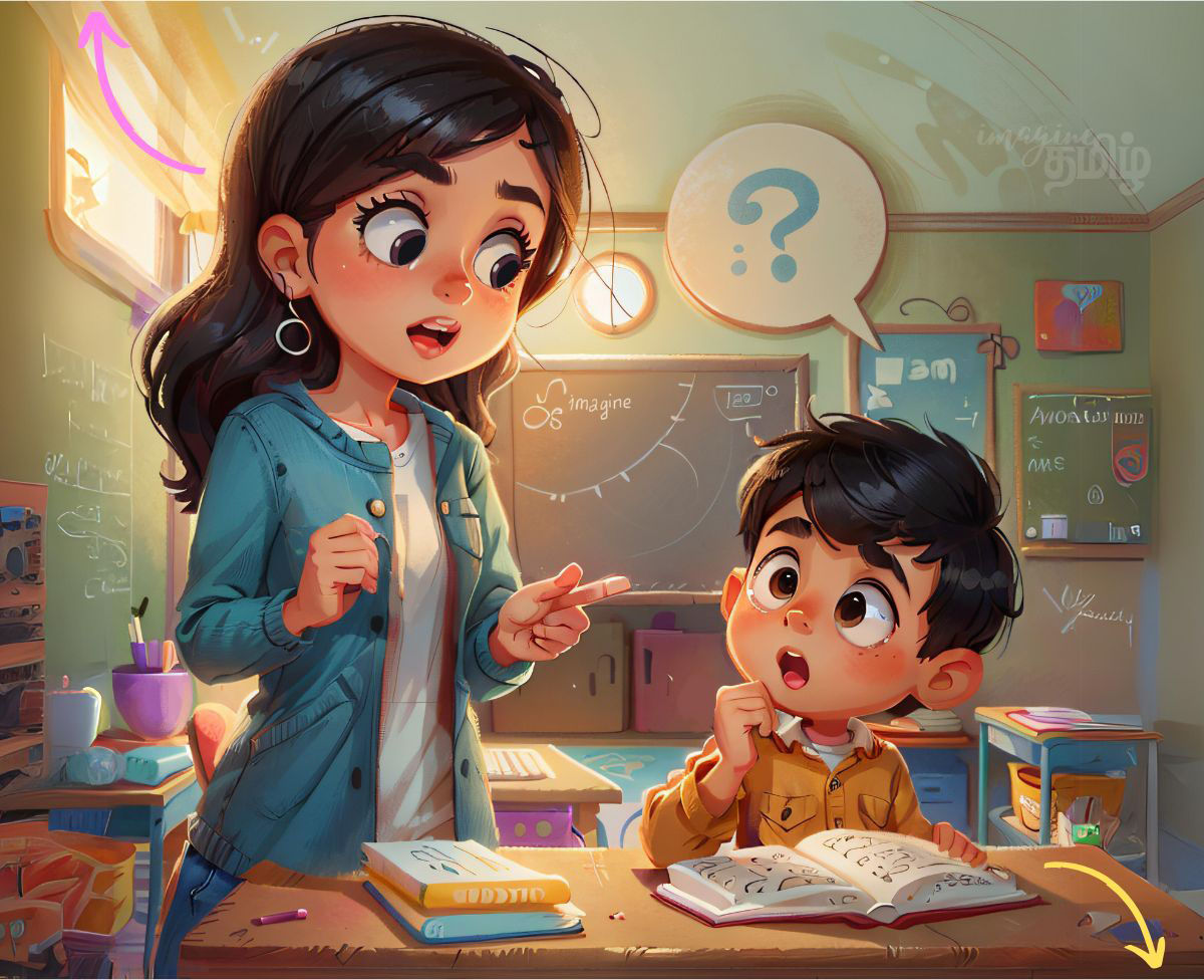 A Tamil teacher pointing to a book and asking a curious student, Do you understand?