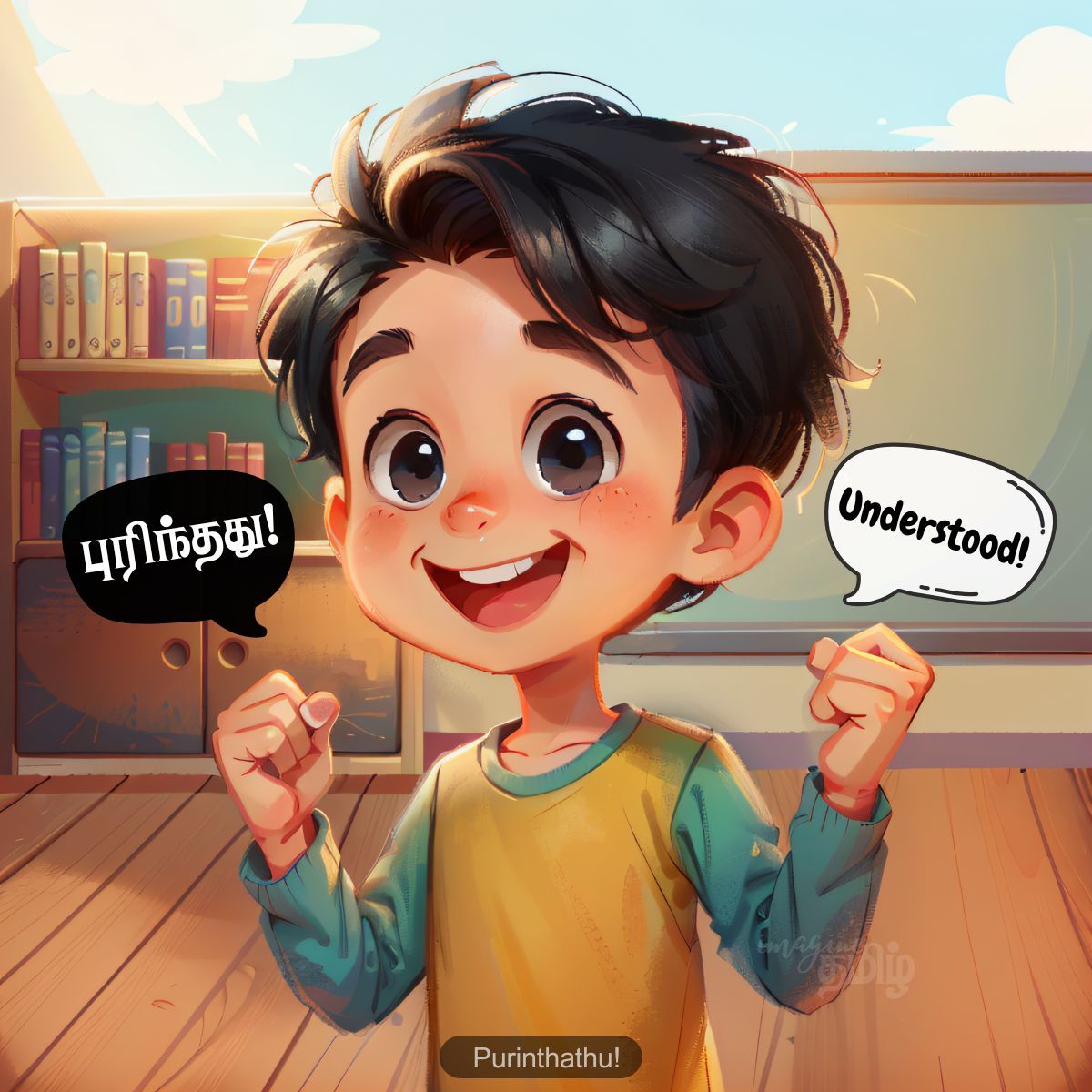 A cheerful Tamil boy smiling with a fist-pump saying “எனக்குப் புரிகிறது” (I Understood!).