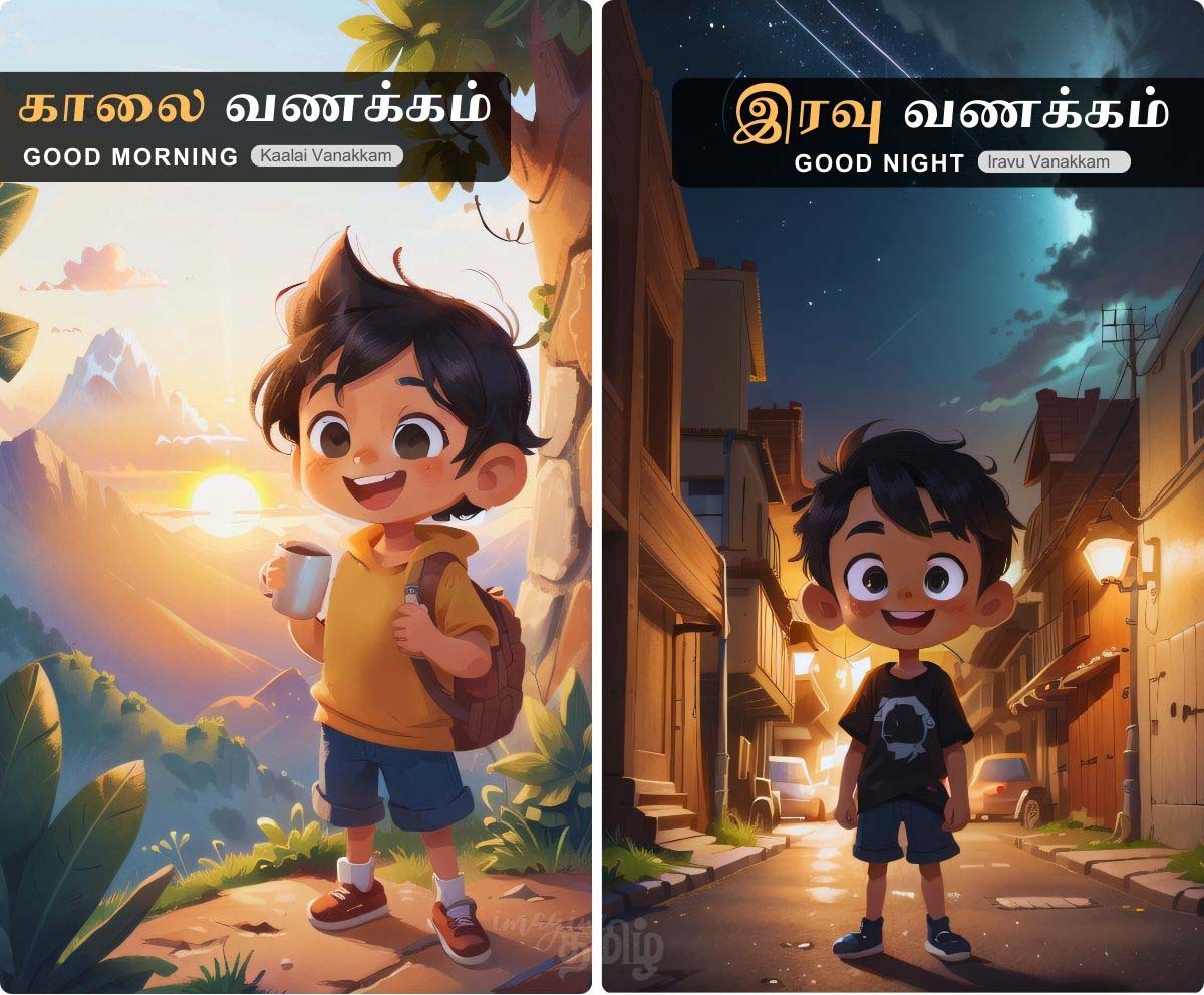Tamil kids saying good morning (காலை வணக்கம்) and good night (இரவு வணக்கம்) for kids learning Tamil greetings