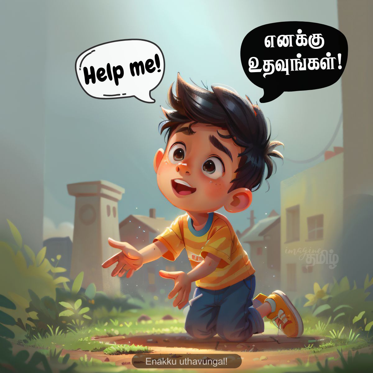A Tamil boy kneeling with outstretched arms saying “Enakku uthavungal!” (Help me!).