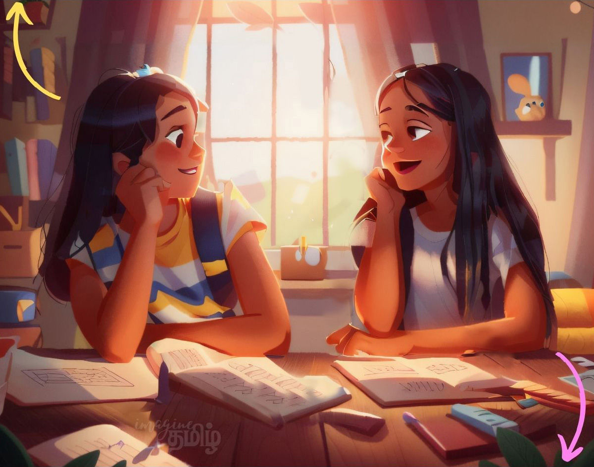 Two Tamil girls talking at a desk, illustrating the greeting எப்படி இருக்கிறீர்கள்? (How are you) for kids learning Tamil