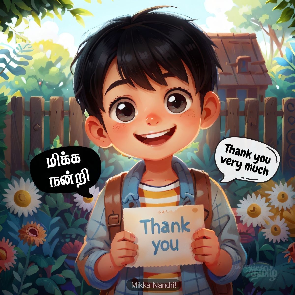 Smiling Tamil boy holding thank you sign, teaching the phrase மிக்க நன்றி (Mikka Nandri) to kids learning Tamil