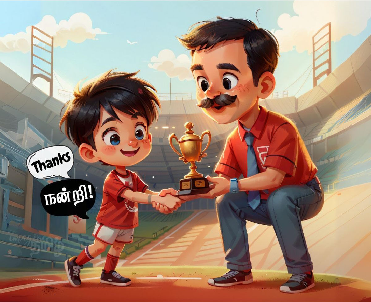 Tamil boy receiving a trophy and saying நன்றி (nandri), a thank you greeting in Tamil for kids learning basic phrases