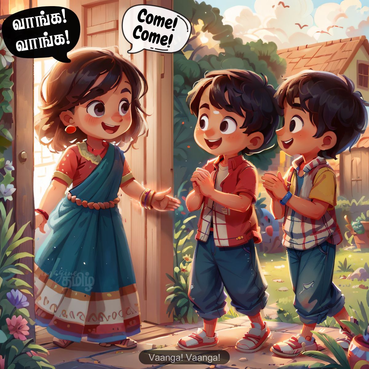 Tamil lady welcoming kids saying வாங்க (vaanga), teaching the Tamil greeting come in or welcome for children