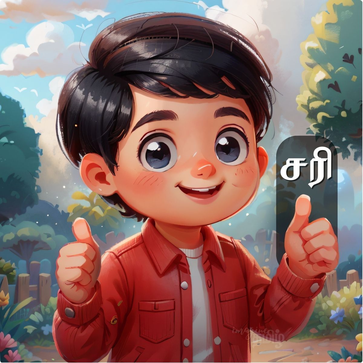 Smiling Tamil boy showing thumbs up and saying சரி (sari), meaning okay or alright in Tamil for kids learning greetings