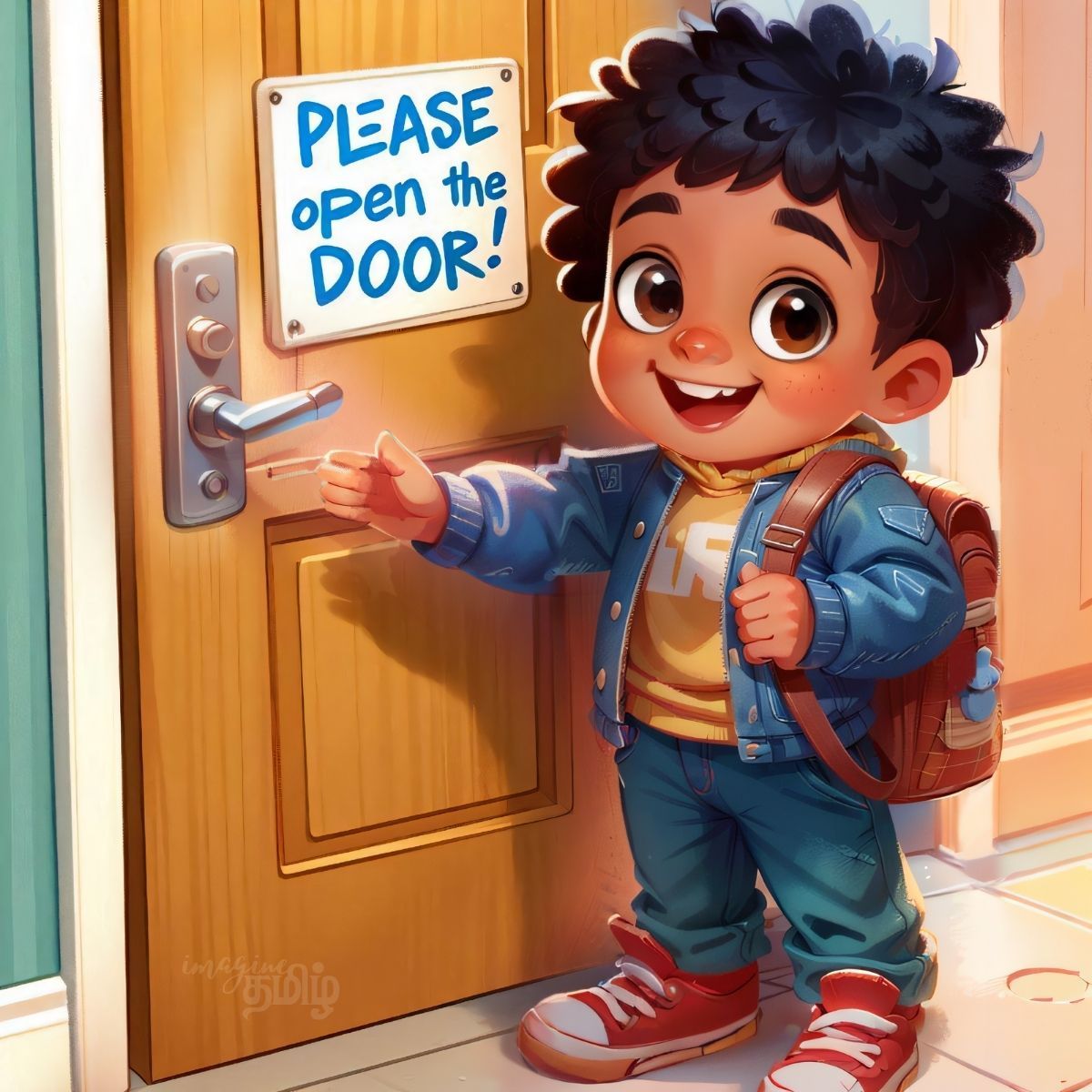 Tamil boy pointing to a door sign that says Please open the door with a cheerful smile